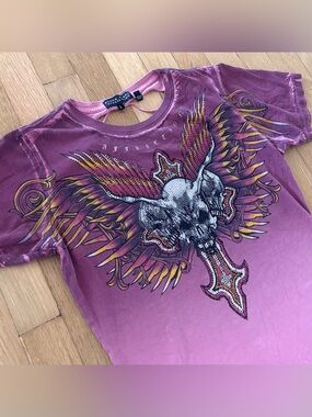 True Y2K Vintage AFFLICTION Black Label Shirt Womens L Rose Braided Cutout Back
